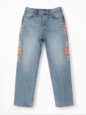 Lucky Brand~Womens Drew High Rise Mom Jeans~Western Aztec Embroidery~Blue~10/30
